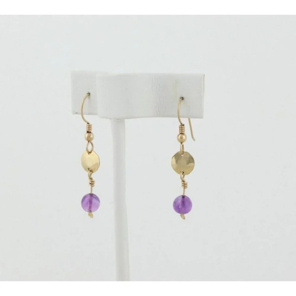 10k Yellow Gold Natural Amethyst Dangle Drop Earrings - Picture 5 of 7